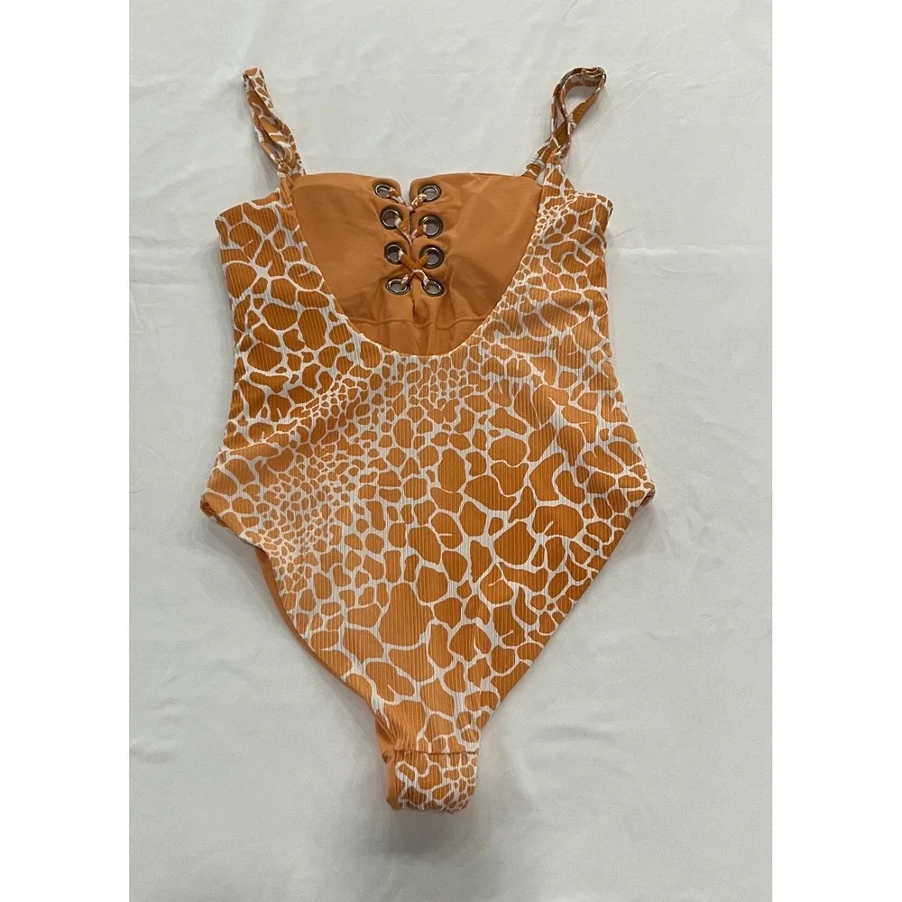 Tinibikini Orange‎ Giraffe Ribbed Lace Up One Piece Swimsuit Medium RN 151671